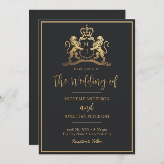 Goldkronenemblem Lions Monogram Wedding Save The Date (Vorne/Hinten)