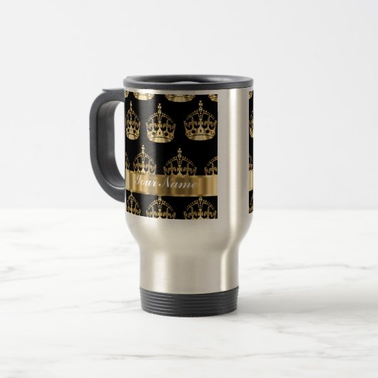 Goldkronenmuster auf Schwarzem Reisebecher (Vorderseite Links)