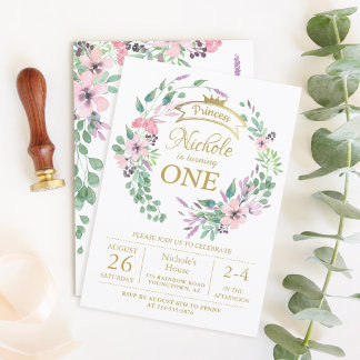 Goldkronprinzessin Floral Girl 1. Geburtstag Einladung