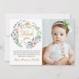 Goldkronprinzessin Floral Girl Geburtstags-Foto Dankeskarte