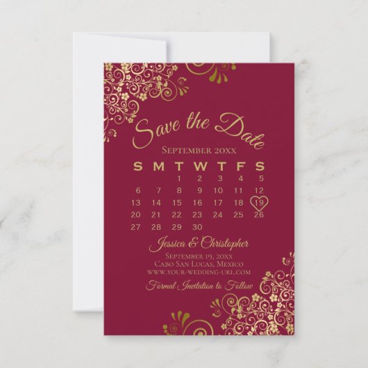 Goldkühlen auf Burgund Eleganter Hochzeitskalender Save The Date (Vorderseite)