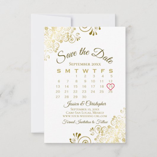 Goldkühlen auf dem weißen eleganten Hochzeitskalen Save The Date (Vorderseite)