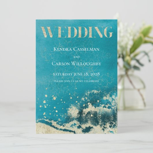 Goldküste Aqua Surf Moderne Hochzeit Einladung (Stehend Vorderseite)