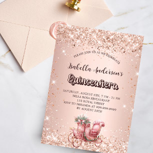Goldkutsche der Quinceanera-Rose Einladungspostkarte