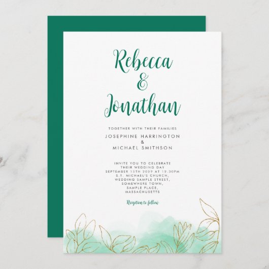 Goldleaf Emerald Watercolor Einladung zur Hochzeit (Vorne/Hinten)