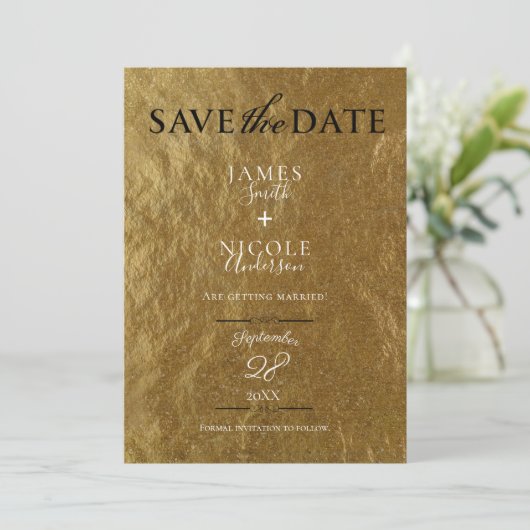 Goldleaf Foil Modern Full Foto Save the Date Einladung (Stehend Vorderseite)