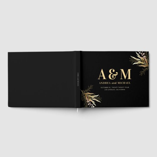 Goldleaf Greenery Black Monogram Elegant Wedding Gästebuch (Voll)