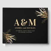 Goldleaf Greenery Black Monogram Elegant Wedding Gästebuch (Vorderseite)