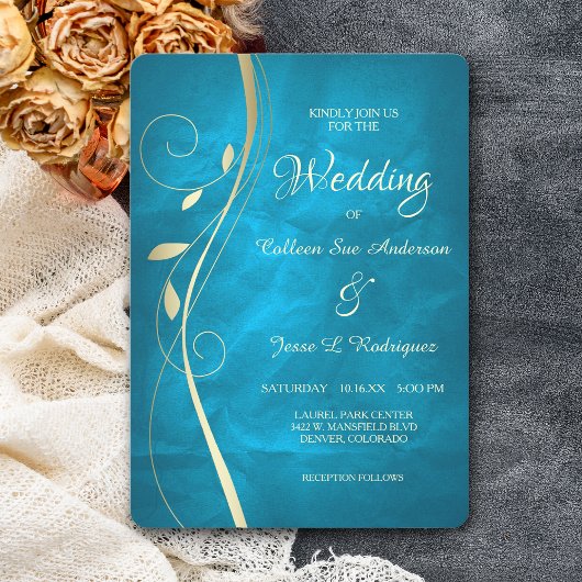 Goldleaf Swirl Aquamarin Blue Wedding Einladung