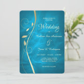 Goldleaf Swirl Aquamarin Blue Wedding Einladung (Stehend Vorderseite)