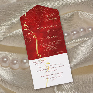 Goldleaf Swirl Dunkelrote Foto-Vorlage Hochzeit All In One Einladung