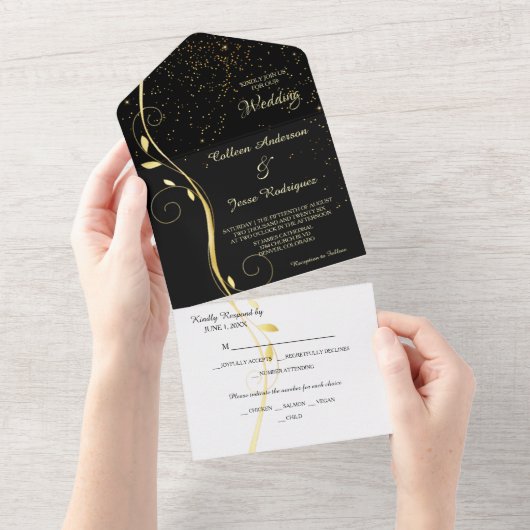 Goldleaf Swirl Schwarze Fotovorlage Hochzeit All In One Einladung (Abreißen)