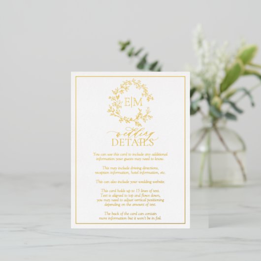 Goldleafy Wappen Monogram Wedding Details Card Folie Einladungspostkarte (Stehend vorne)