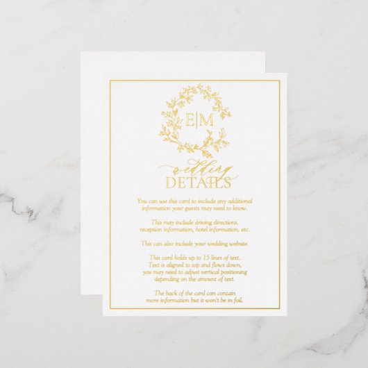 Goldleafy Wappen Monogram Wedding Details Card Folie Einladungspostkarte (Vorderseite/Rückseite)