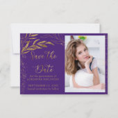 Goldleder und Lila kalligrafisches Foto Save The Date (Vorderseite)