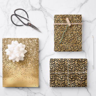 Goldleopard-Glitzer Glam Geschenkpapier Set