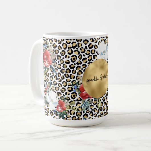 Goldleopard Print Floral personalisiertes Zitat Kaffeetasse (Vorderseite Links)