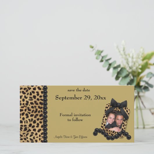 Goldleopard und Schwarze Perlen Save the Date (Stehend Vorderseite)