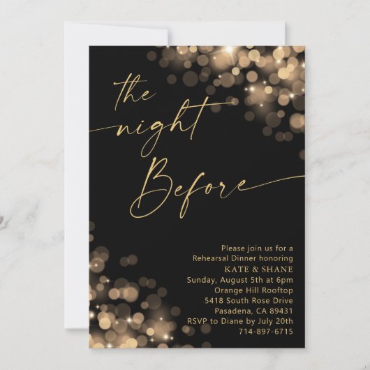 Goldlichter und Schwarze Probe Abendessen Einladung (Vorderseite)