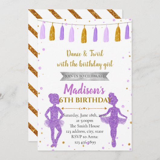 Goldlila Ballerina-Party Einladung (Vorne/Hinten)