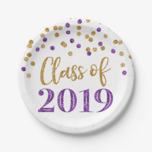 Goldlila Glitzerconfetti-Abschluss 2019 Pappteller