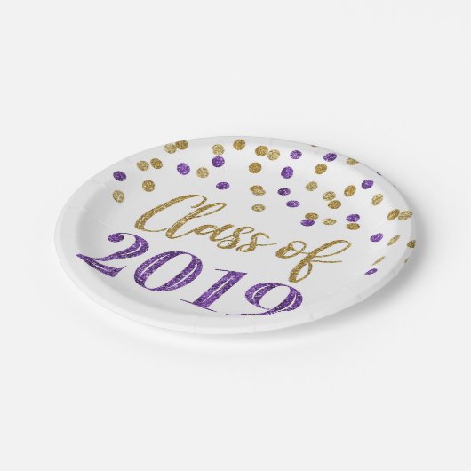 Goldlila Glitzerconfetti-Abschluss 2019 Pappteller (Schrägansicht)