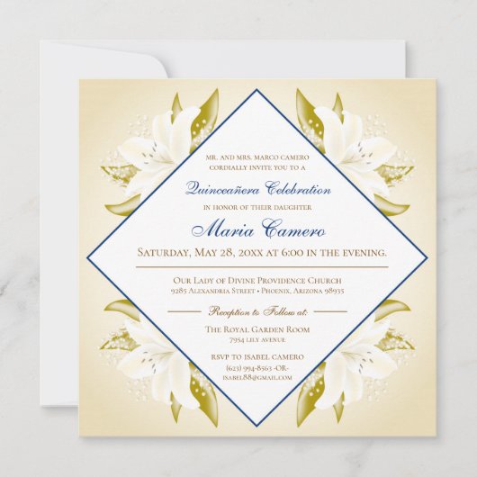 Goldlilien u. Marine-Blau Quinceañera Einladung (Vorderseite)