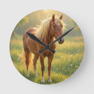 Goldmähnenpferd Wildblumenwiese Runde Wanduhr