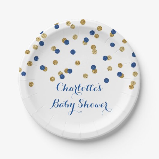 Goldmarine-Blauconfetti-Babyparty-Platte Pappteller (Vorderseite)