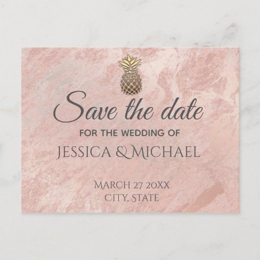 Goldmarmor-Ananas aus Rose Save the Date Ankündigungspostkarte (Vorderseite)