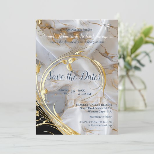 Goldmarmor aus Weiß und Elfenbeingold auf Seide Einladung (Stehend Vorderseite)