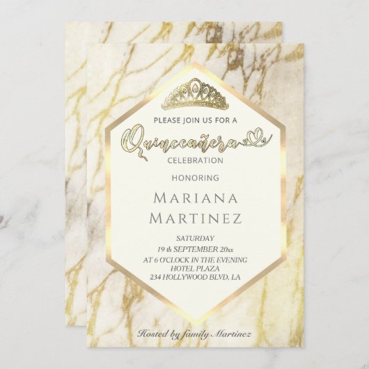 Goldmarmor geometrische Kalligrafie Quinceañera Einladung (Vorne/Hinten)