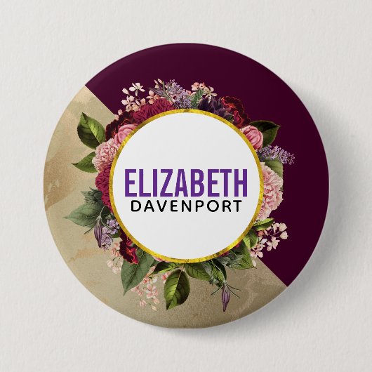 Goldmarmor Muster und Burgund Florals Button (Vorderseite)