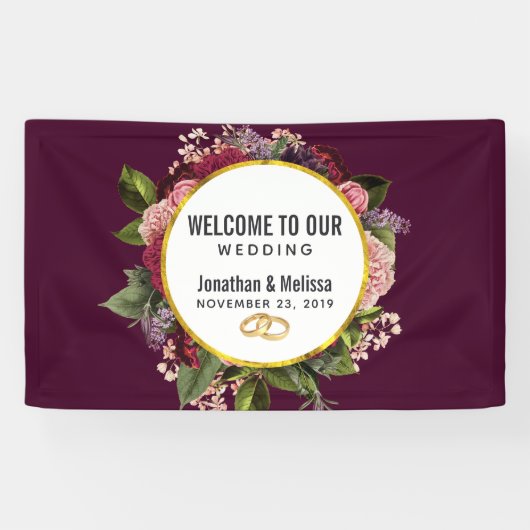 Goldmarmor Muster und Burgund Florals Hochzeit Banner (Horizontal)