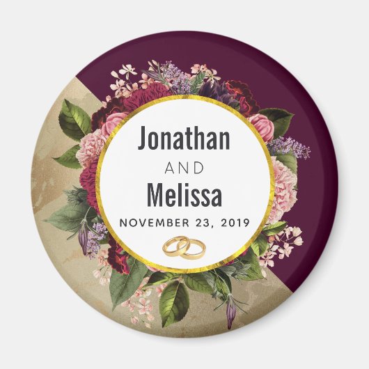 Goldmarmor Muster und Burgund Florals Hochzeit Magnet (Vorne)