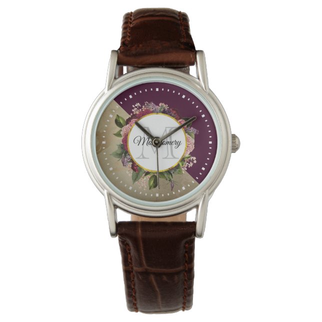 Goldmarmor Muster und Burgund Florals Monogramm Armbanduhr (Vorderseite)