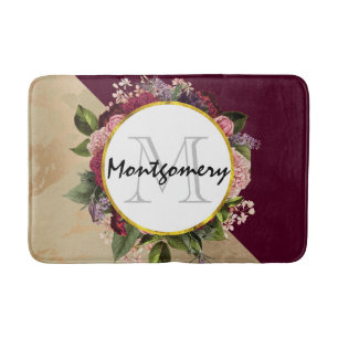 Goldmarmor Muster und Burgund Florals Monogramm Badematte