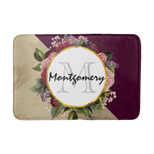 Goldmarmor Muster und Burgund Florals Monogramm Badematte (Vorderseite)