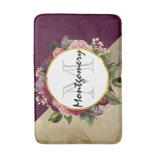 Goldmarmor Muster und Burgund Florals Monogramm Badematte (Vorderseite Vertikal)