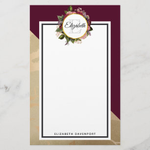 Goldmarmor Muster und Burgund Florals Monogramm Briefpapier