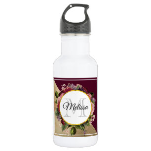 Goldmarmor Muster und Burgund Florals Monogramm Edelstahlflasche