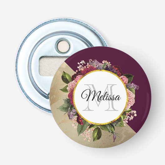 Goldmarmor Muster und Burgund Florals Monogramm Flaschenöffner (Vorderseite)