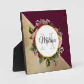 Goldmarmor Muster und Burgund Florals Monogramm Fotoplatte (Vorderseite)