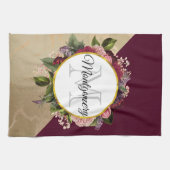 Goldmarmor Muster und Burgund Florals Monogramm Geschirrtuch (Horizontal)