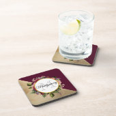 Goldmarmor Muster und Burgund Florals Monogramm Getränkeuntersetzer (Rechte Seite)