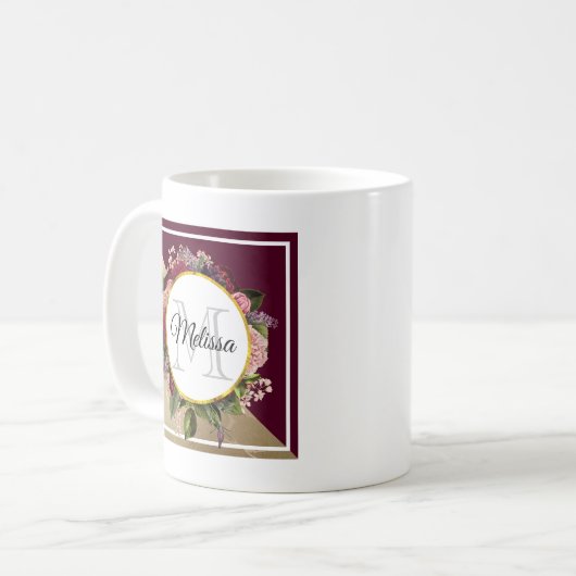Goldmarmor Muster und Burgund Florals Monogramm Kaffeetasse (Vorderseite Links)