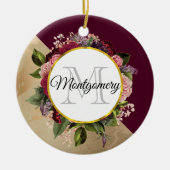 Goldmarmor Muster und Burgund Florals Monogramm Keramik Ornament (Vorne)