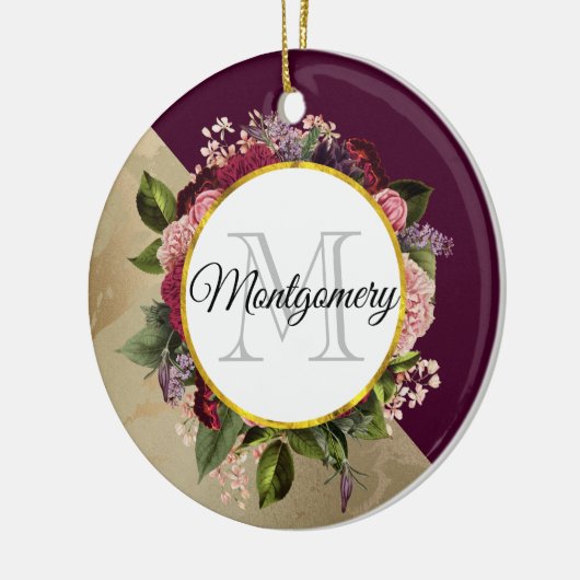 Goldmarmor Muster und Burgund Florals Monogramm Keramik Ornament (Links)