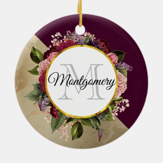 Goldmarmor Muster und Burgund Florals Monogramm Keramik Ornament (Hinten)