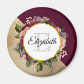 Goldmarmor Muster und Burgund Florals Monogramm Magnet (Vorne)